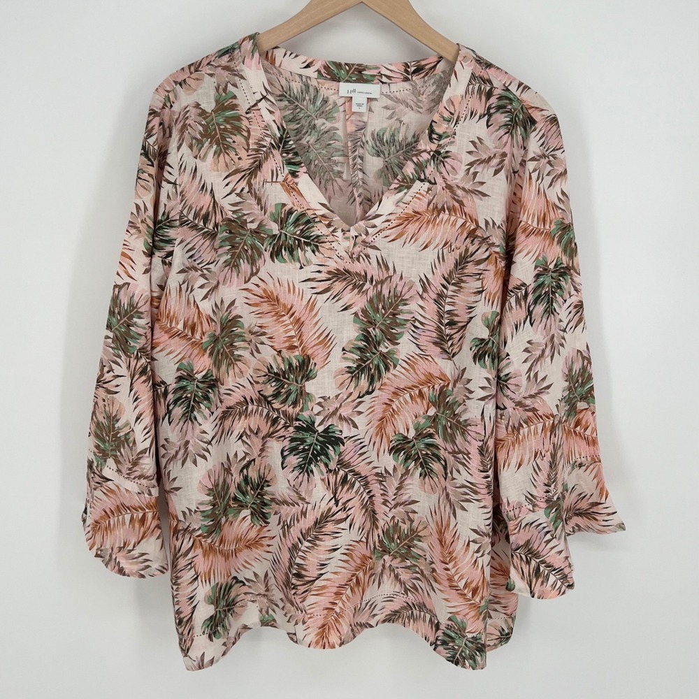 J. Jill Love Linen Women Tropical Palm Leaf Bell Sleeve Tunic Top Size L Pink
